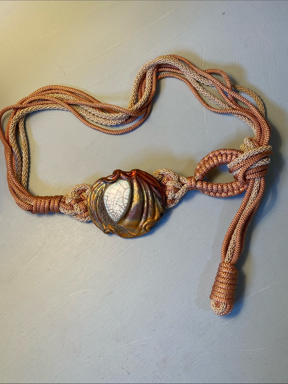 Vintage 80’s Artisan Raku Pottery & Silk Rope Belt